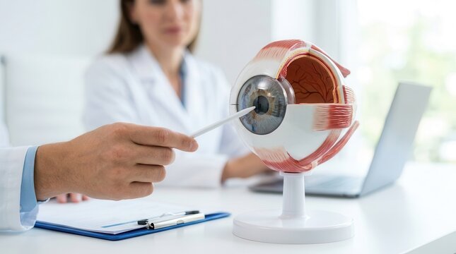 Doctor using a magnifying tool on a human eye anatomy model to explain eye disease.