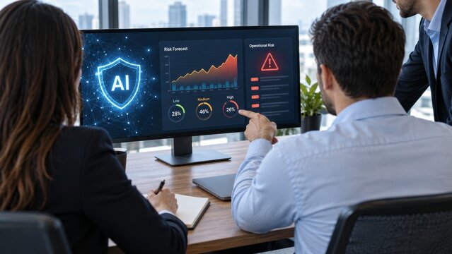 Professional team analyzing artificial intelligence risk management dashboard analytics on modern computer screen monitor office environment.
