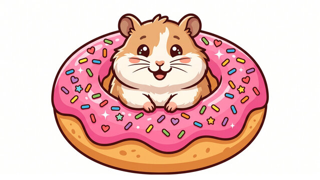 Chubby hamster sitting inside a pink donut