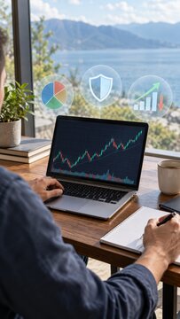 Professional analyzing financial market trends on laptop screen with digital data visualization icons and scenic lake view background.