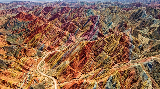 A composite landscape of Danxia landform and colorful hills,Aerial view of colorful mountain ridges with winding road through vibrant earth tones