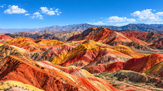 A composite landscape of Danxia landform and colorful hills,Vibrant multicolored mountain ridges under clear blue sky with scattered clouds, perfect for travel and nature photography