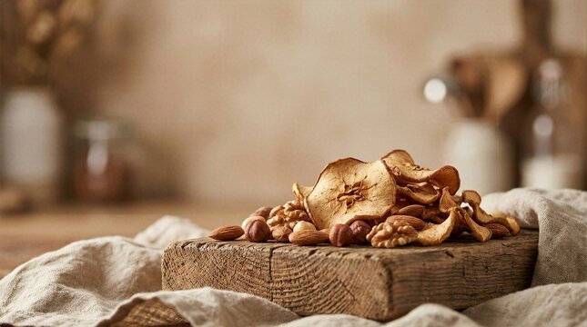 Dried Apple Rings and Mixed Nuts on Rustic Wooden Cutting Board for Healthy Vegan Snack