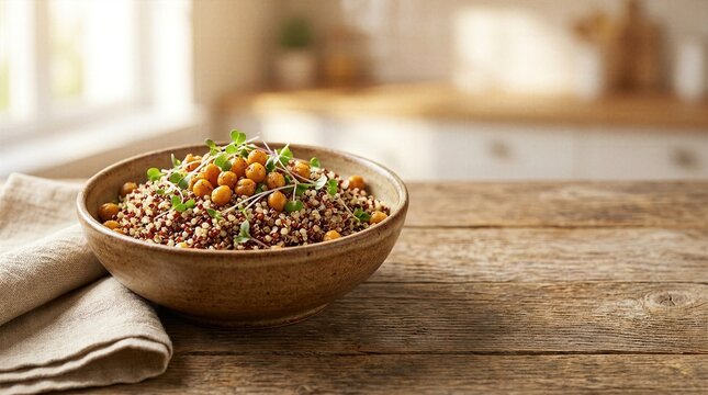 Healthy Quinoa Bowl with Roasted Chickpeas and Fresh Microgreens on Rustic Wooden Table