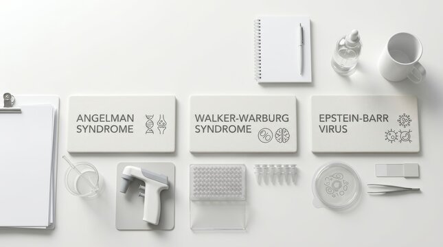 Flat lay of medical diagnostic plates for Angelman syndrome, Walker-Warburg syndrome, and Epstein-Barr virus