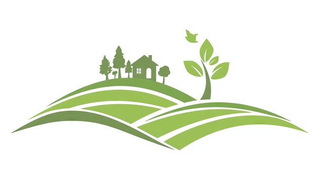 Light green farmland icon with houses, trees and leafy sapling