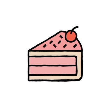 Cute Pink Slice of Layer Cake with Cherry Vector Illustration