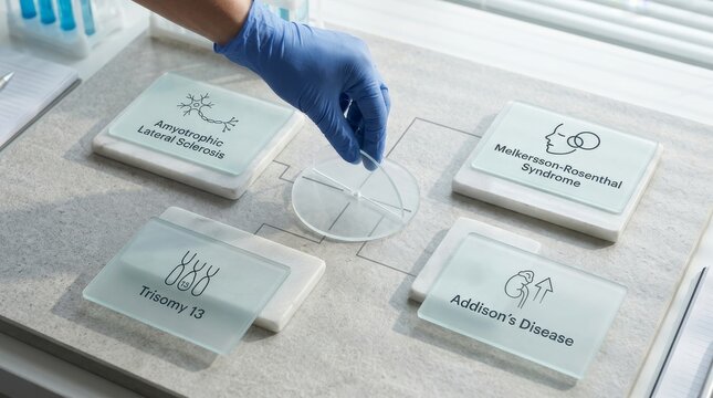 Medical researcher hand organizing glass slides with rare genetic diseases like Amyotrophic Lateral Sclerosis and Trisomy 13