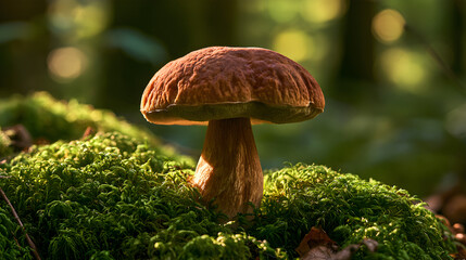 Fototapeta premium Wild Porcini Mushroom Resting On A Bed Of Forest Moss