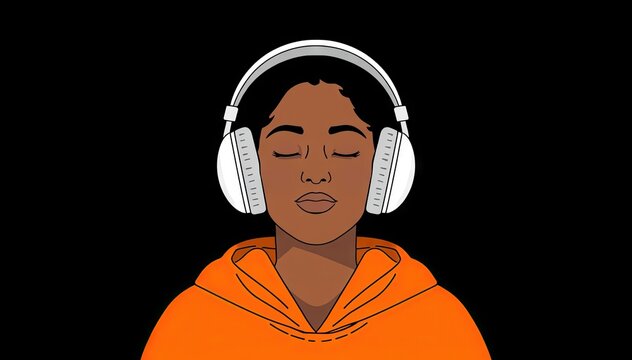 Person with closed eyes in orange hoodie and headphones