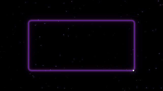 Purple neon glowing rectangle frame with moving light particle on dark starry background, border