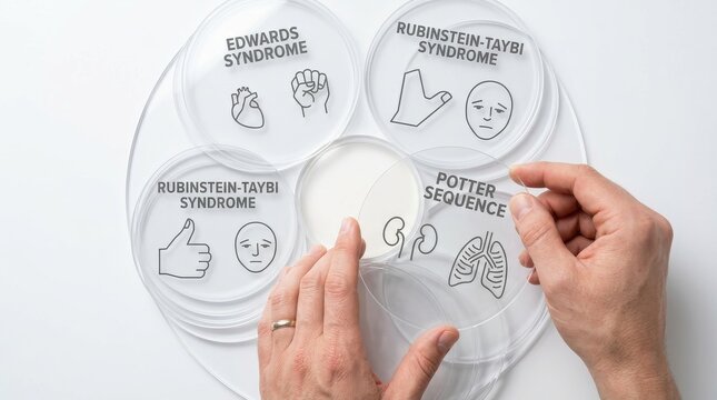 Medical researcher holding petri dish with "Potter Sequence" title and kidney and lung illustrations, exploring genetic conditions