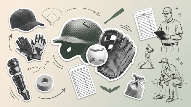 Baseball equipment collage with caps, gloves, ball, score sheets and players, representing coaching, scouting, game strategy, training, team management and professional baseball culture