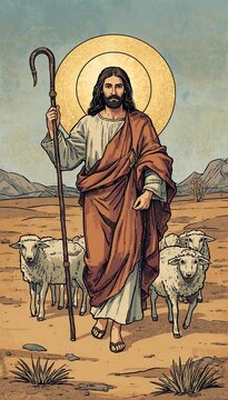 Jesus shepherd walking with sheep and cactus