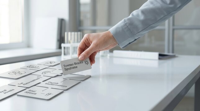 Hand placing a card labeled "Townes-Brocks Syndrome" onto a grid with associated symptoms like SALL1 mutation and thumb malformations