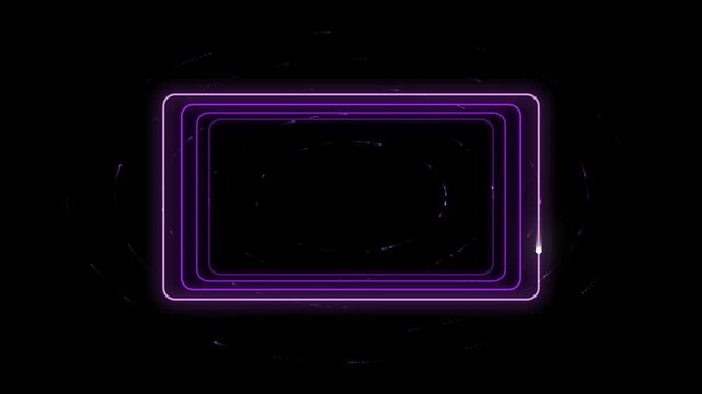 Neon purple glowing rectangular frames motion background, with pulsing light, trails rectangle