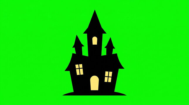 Black silhouette of a spooky haunted castle with glowing windows on green screen for Halloween or horror design