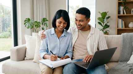 Fototapeta premium Young couple planning budget together on laptop and notebook in cozy living room