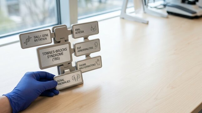 Medical research model for Townes-Broks Syndrome with genetic mutation and symptoms shown on a lab table.