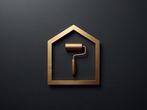 Gold paint roller in pentagon house shape