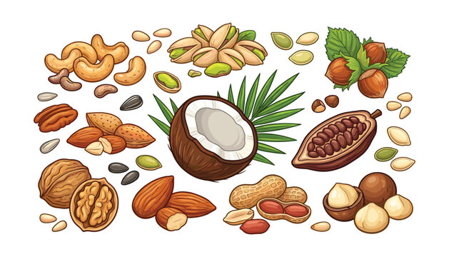 Healthy organic nuts and seeds collection set with almond walnut cashew peanut pistachio hazelnut coconut and cocoa vector illustration