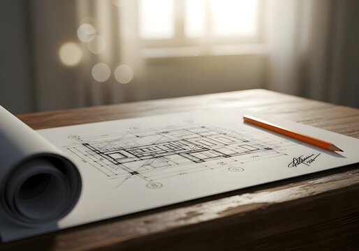 Architectural Blueprint and Pencil on Wooden Desk.