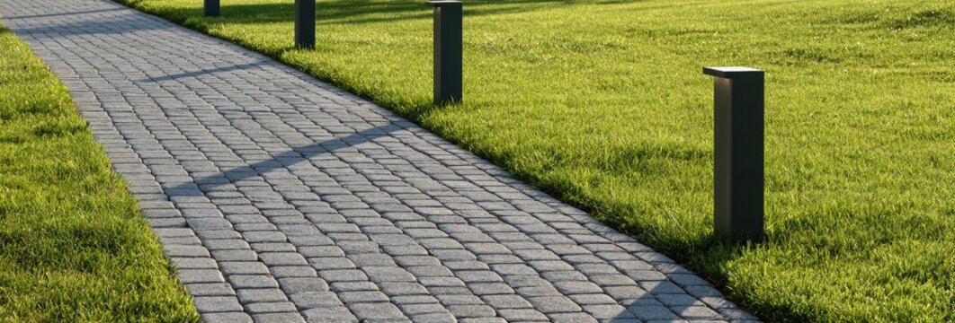 A curved stone pathway bordered by lush green grass and modern lamps