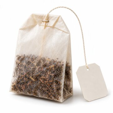 Tea bag with dried tea leaves isolated on white background
