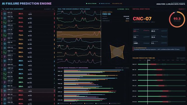 An advanced AI failure prediction dashboard showcases high-risk machinery with real-time anomaly detection, risk assessment, and predictive analytics in a dark cinematic interface.