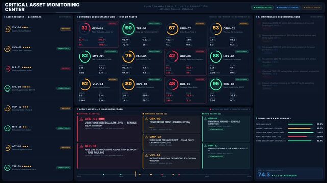 Explore a premium dark mode critical asset monitoring dashboard featuring condition scores, alerts, and maintenance recommendations designed for plant managers and reliability engineers.