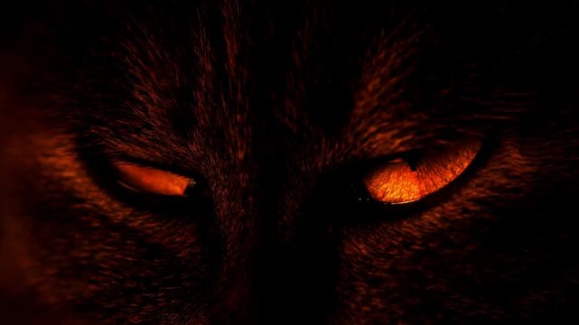 Glowing amber cat eyes blinking in pitch darkness macro