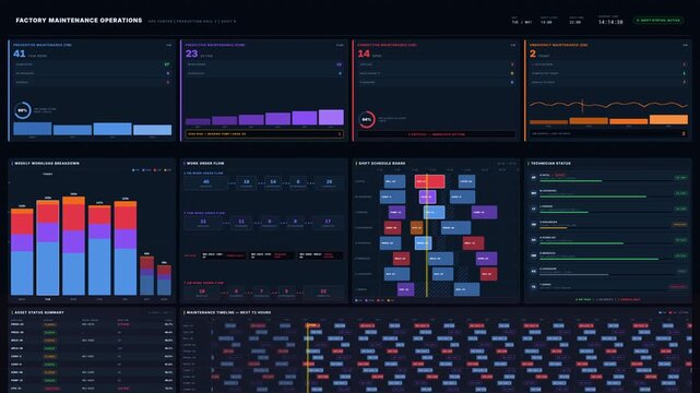 A dark and authoritative factory maintenance operations dashboard showcasing preventive, predictive, and corrective workloads with real-time metrics and analytics in 4K resolution.
