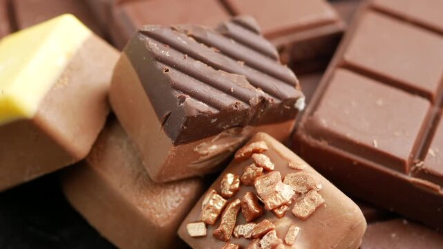 Close up of assorted chocolates and chocolate bar slowly rotating for delightful treat.