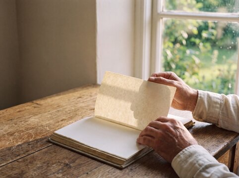 Hands turning a blank notebook page as a metaphor for a new chapter
