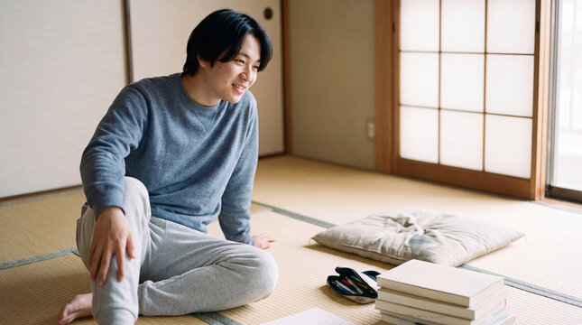 和室の畳の上で本を前に穏やかに微笑む20代男性 | やわらかな自然光