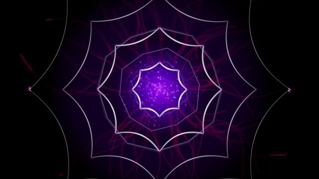 Abstract glowing fractal mandala pulsing with vibrant violet and pink light in darkness