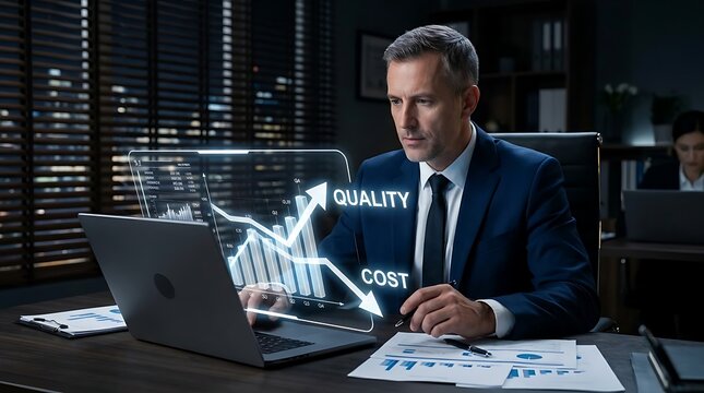 Businessman Analyzing Business Growth Chart with Increasing Quality and Decreasing Cost Hologram Display on Laptop in Modern Office