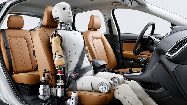 Advanced humanoid robot sitting in modern car interior demonstrating safety features and technology for automotive innovation