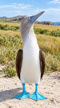 Blue-footed booby standing on sandy beach with coastal vegetation and clear sky background
