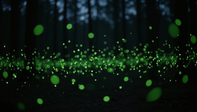 Swarm of glowing green firefly lights drifting over a dark blurred forest background