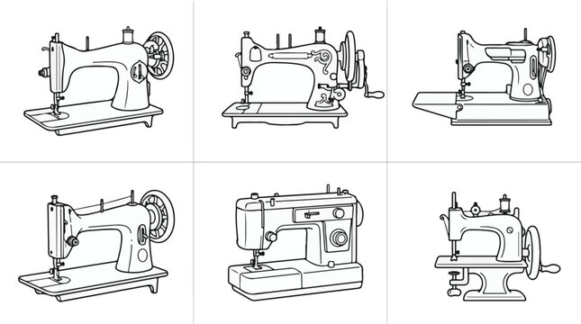 Vintage Sewing Machines Line Art Vector Icons Set
