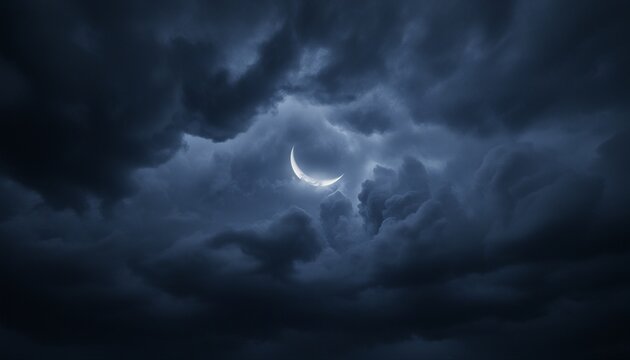 Dramatic storm clouds churn with deep indigo tones under a bright breaking crescent moon