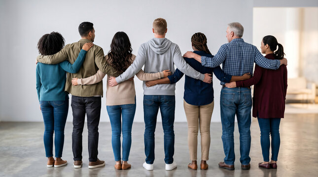 Group of diverse people standing together with arms around each other back view
