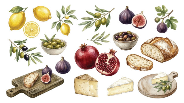 Mediterranean food collection with lemons olives cheese bread and figs on transparent background