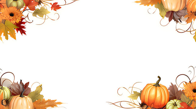 Autumn harvest pumpkin border with fall leaves corners