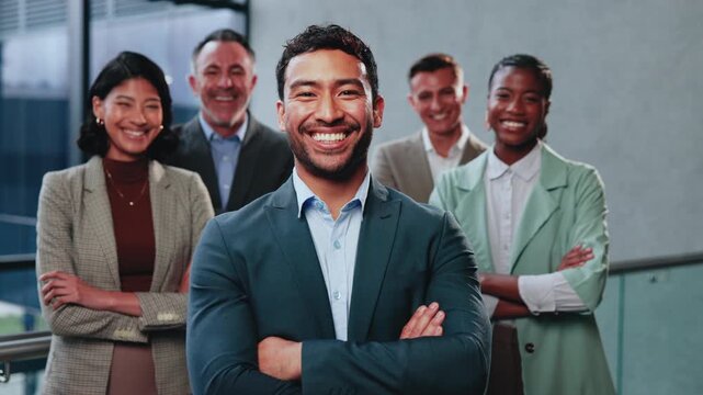 Face, happy man and arms crossed with team in office for legal counsel, legislation service or funny. Corporate, lawyers and laughing with leader for representation, career integrity and confidence