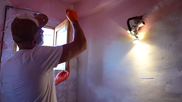 Man plastering a wall around a window during renovation