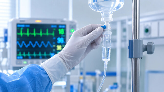 Medical professional adjusting IV drip in hospital room with patient monitor in background