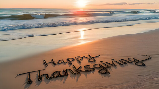 Happy Thanksgiving written in sand on tropical beach