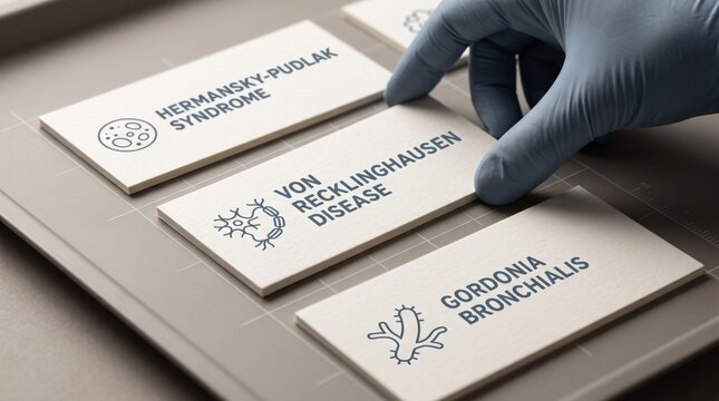Medical professional in blue gloves positions a von recklinghausen disease card alongside other diagnostic cards on a grey tray